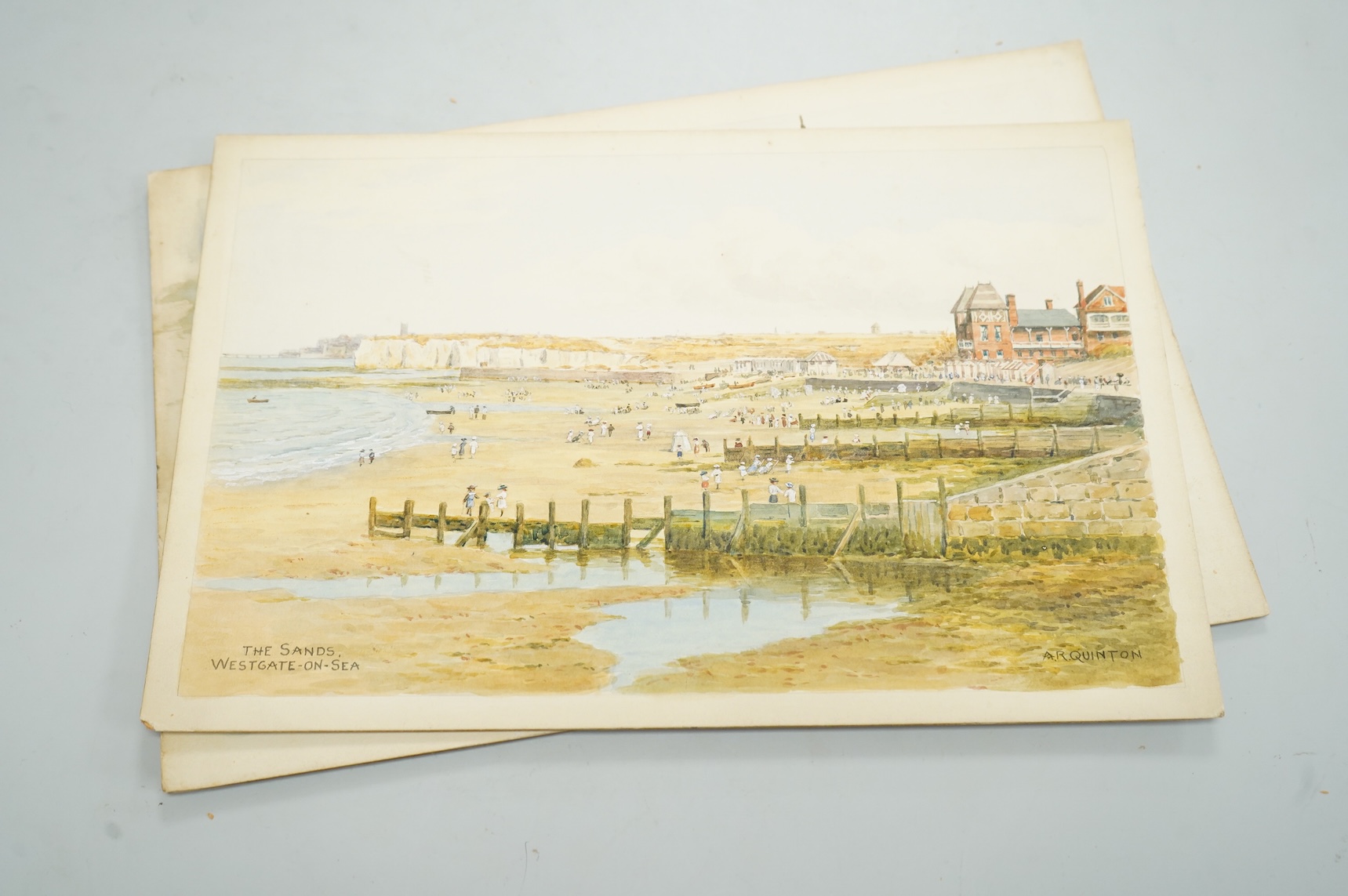 Alfred Robert Quinton (1853-1934), Set of six original watercolours for postcard designs, Kent coastal views to include: On the Cliffs, Birchington, Walmer Castle, Promenade and Cliffs, Cliftonville and The Harbour, Whit